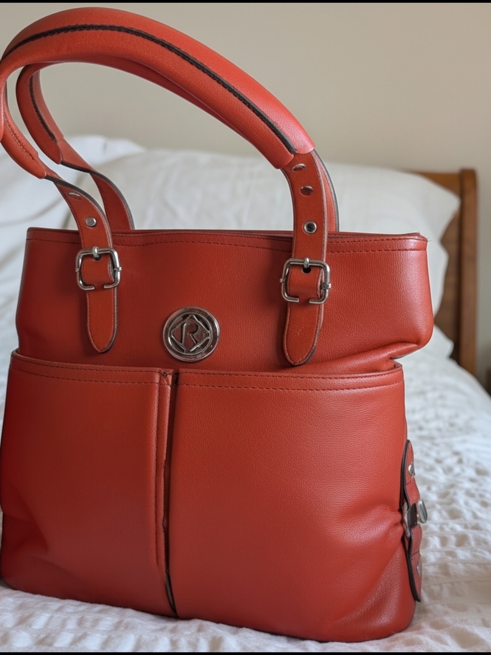 Relic Orange Leather Shoulder Tote with Silver Emblem